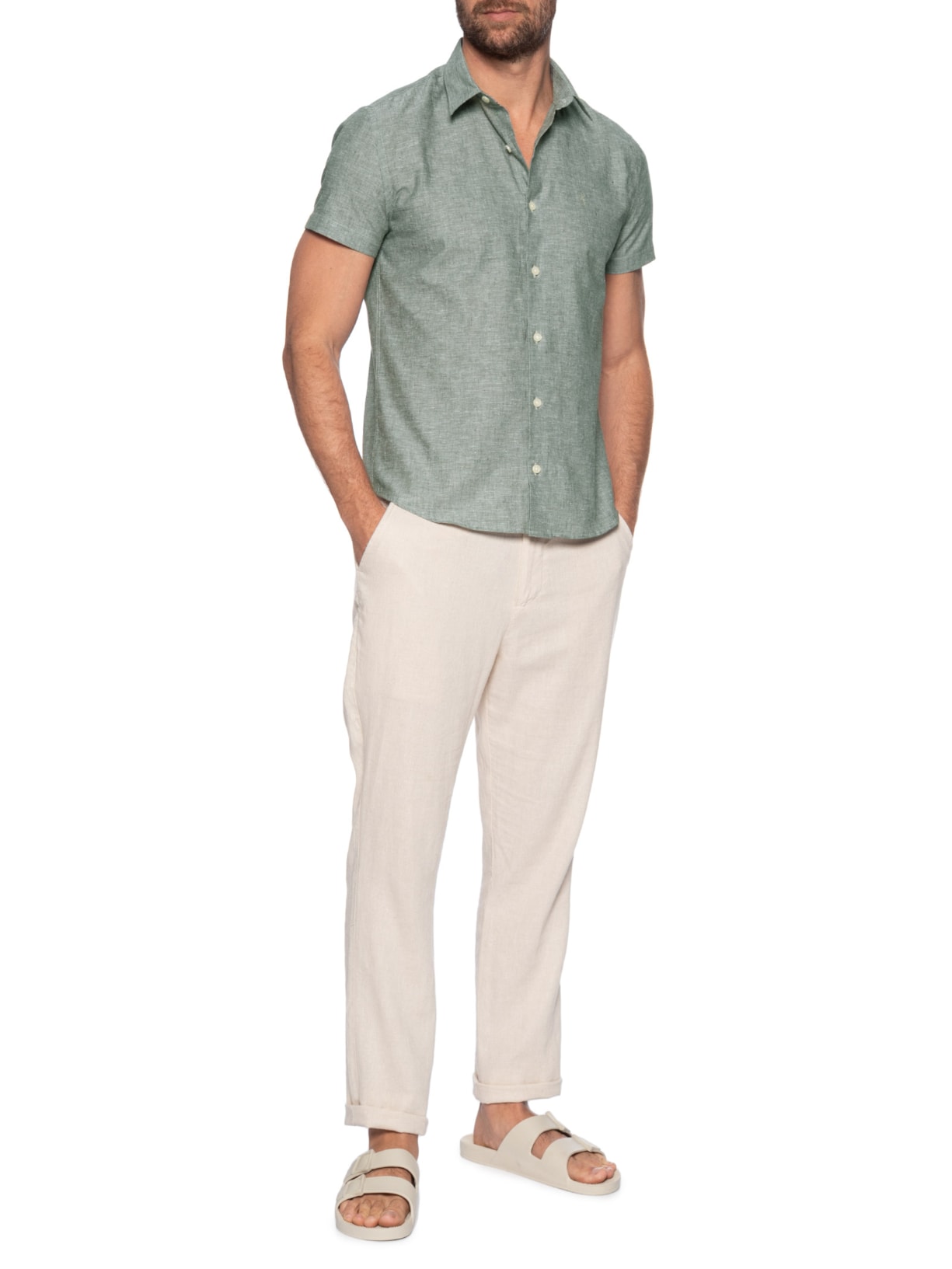 Camisa Casual Masculina Regular Fit Em Linho Verde Sergio K