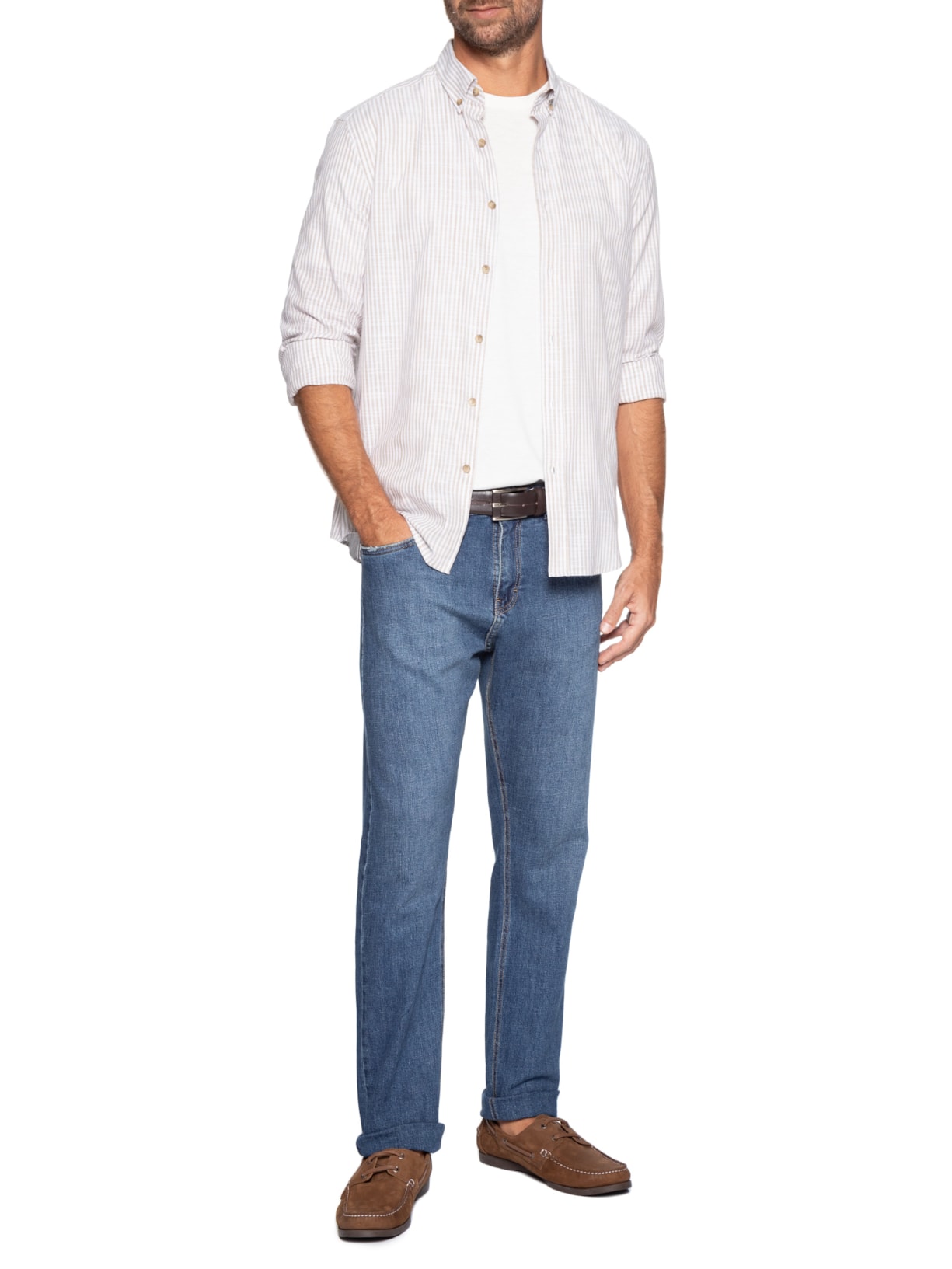 Camisa Casual Masculina Voil Listras Branco Zapalla