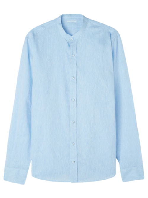 Camisa Com Colarinho Mandarim Em Linho e Algodão - Azul