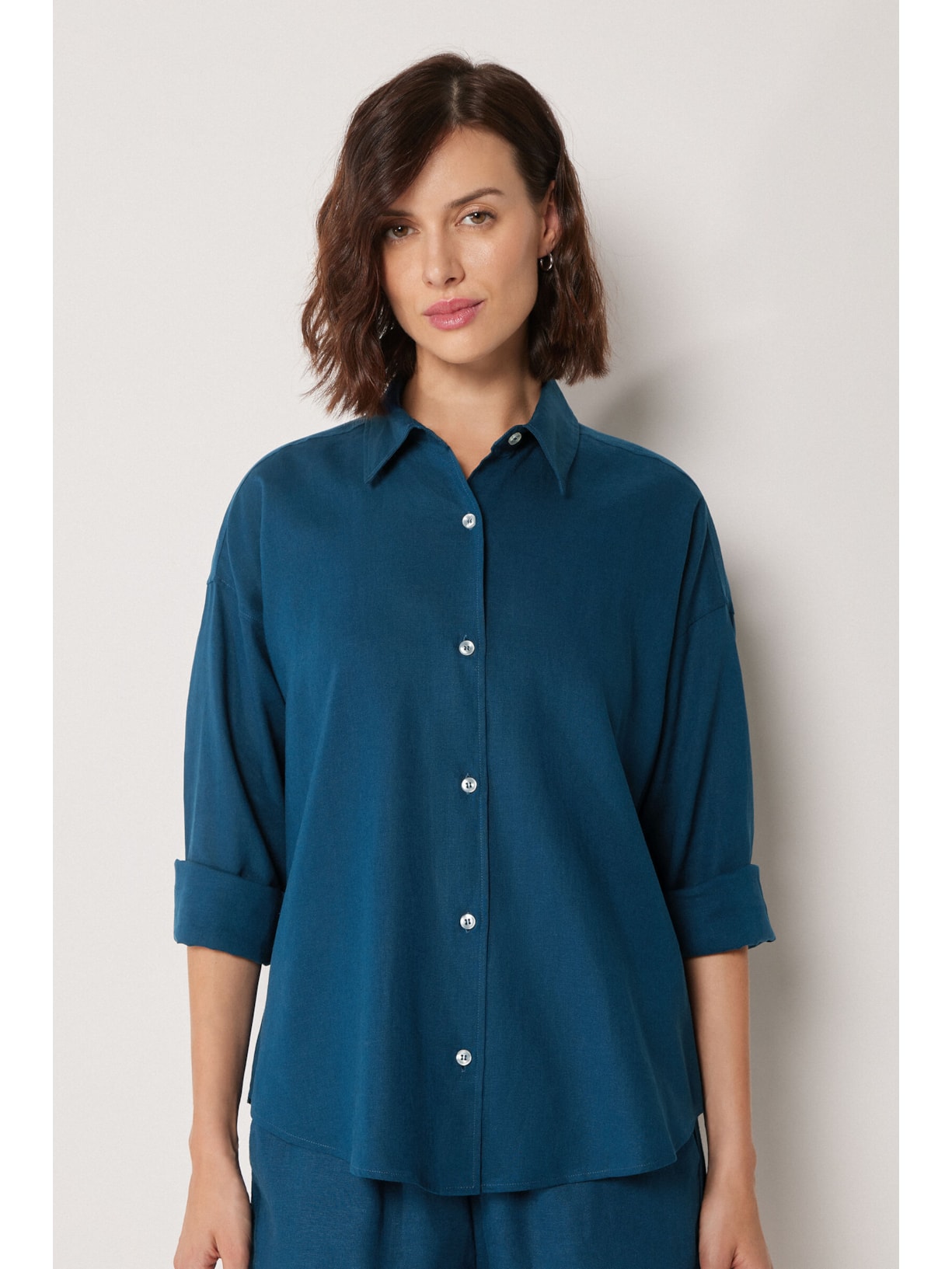 Camisa Curta Em Linho e Viscose Azul Calzedonia