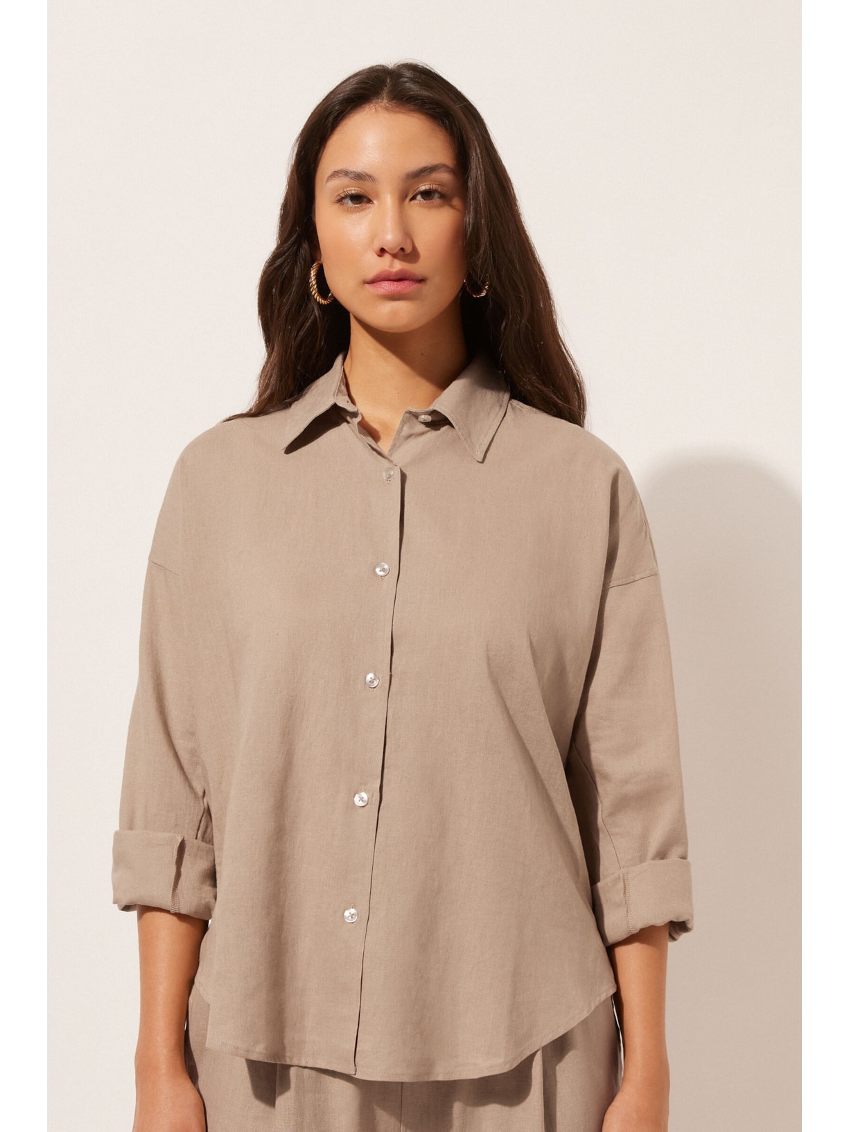 Camisa Curta Em Linho e Viscose Bege Calzedonia