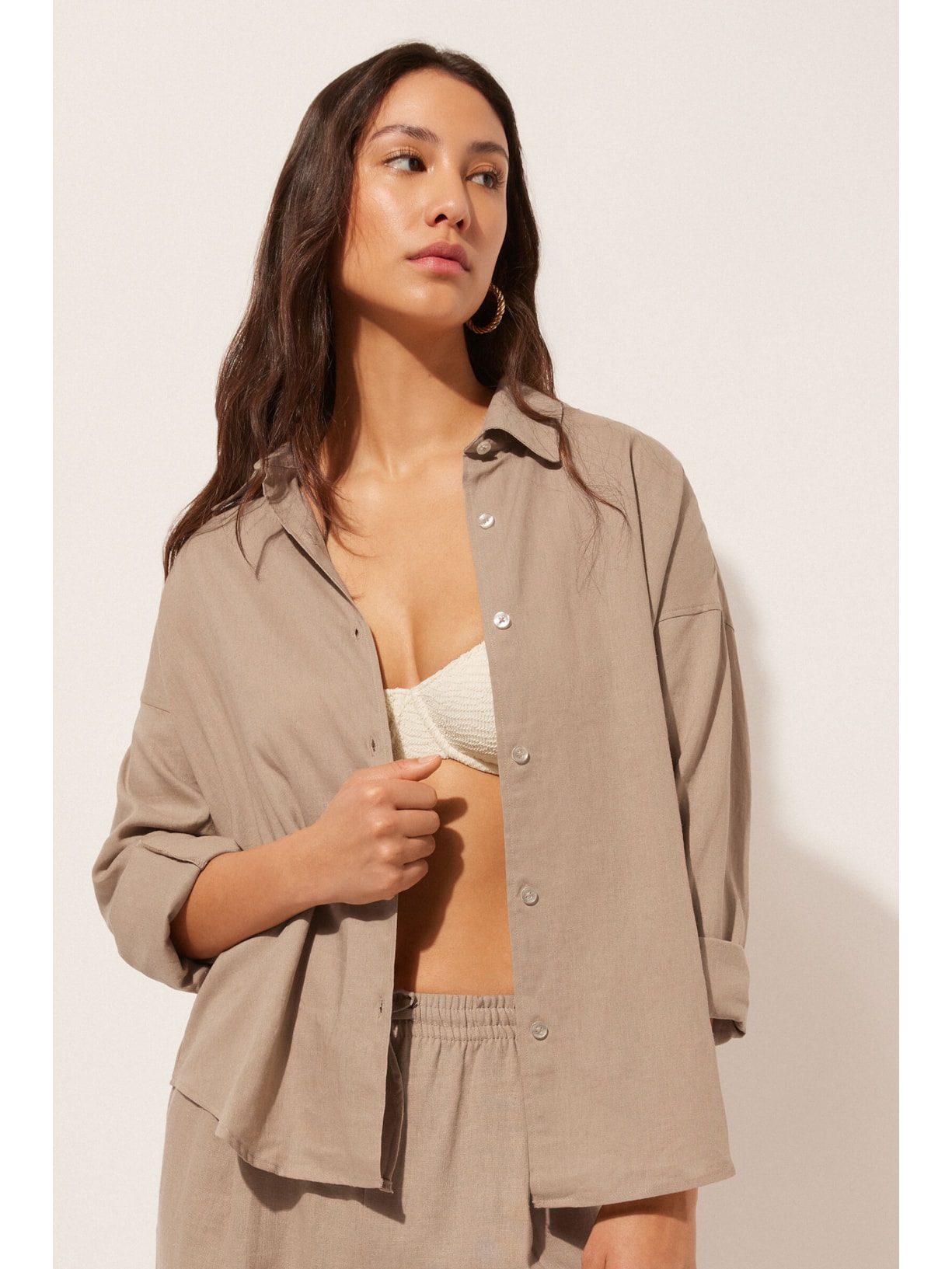 Camisa Curta Em Linho e Viscose Bege Calzedonia