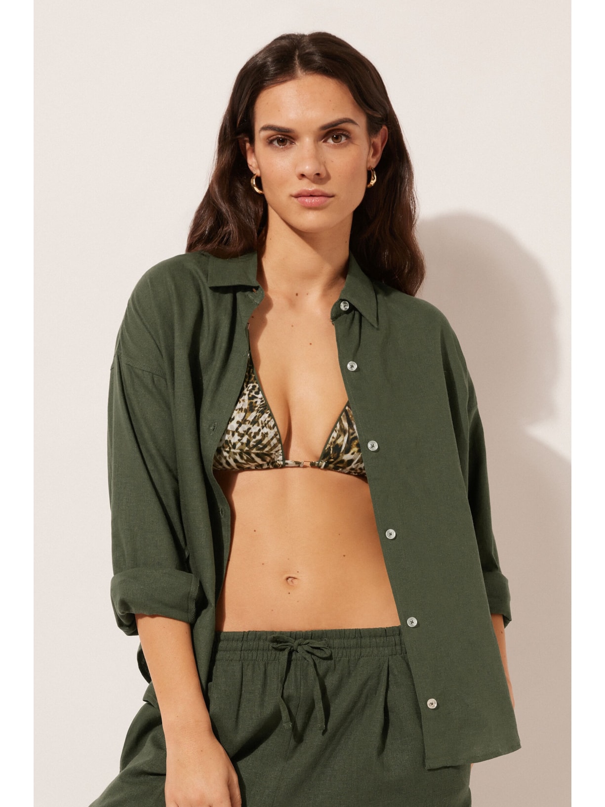 Camisa Curta Em Linho e Viscose Verde Calzedonia