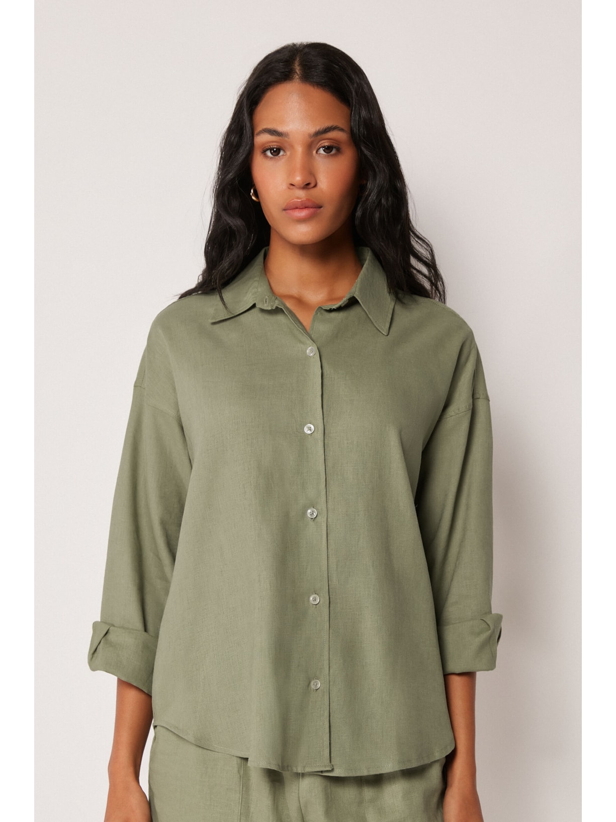 Camisa Curta Em Linho e Viscose Verde Calzedonia