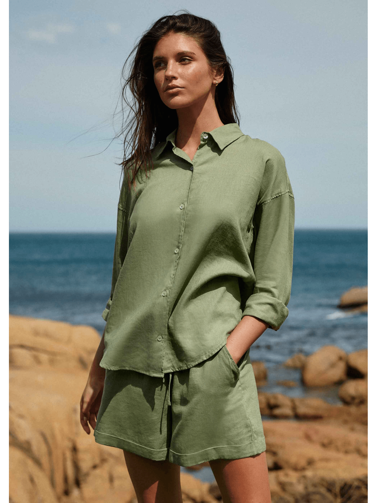 Camisa Curta Em Linho e Viscose Verde Calzedonia
