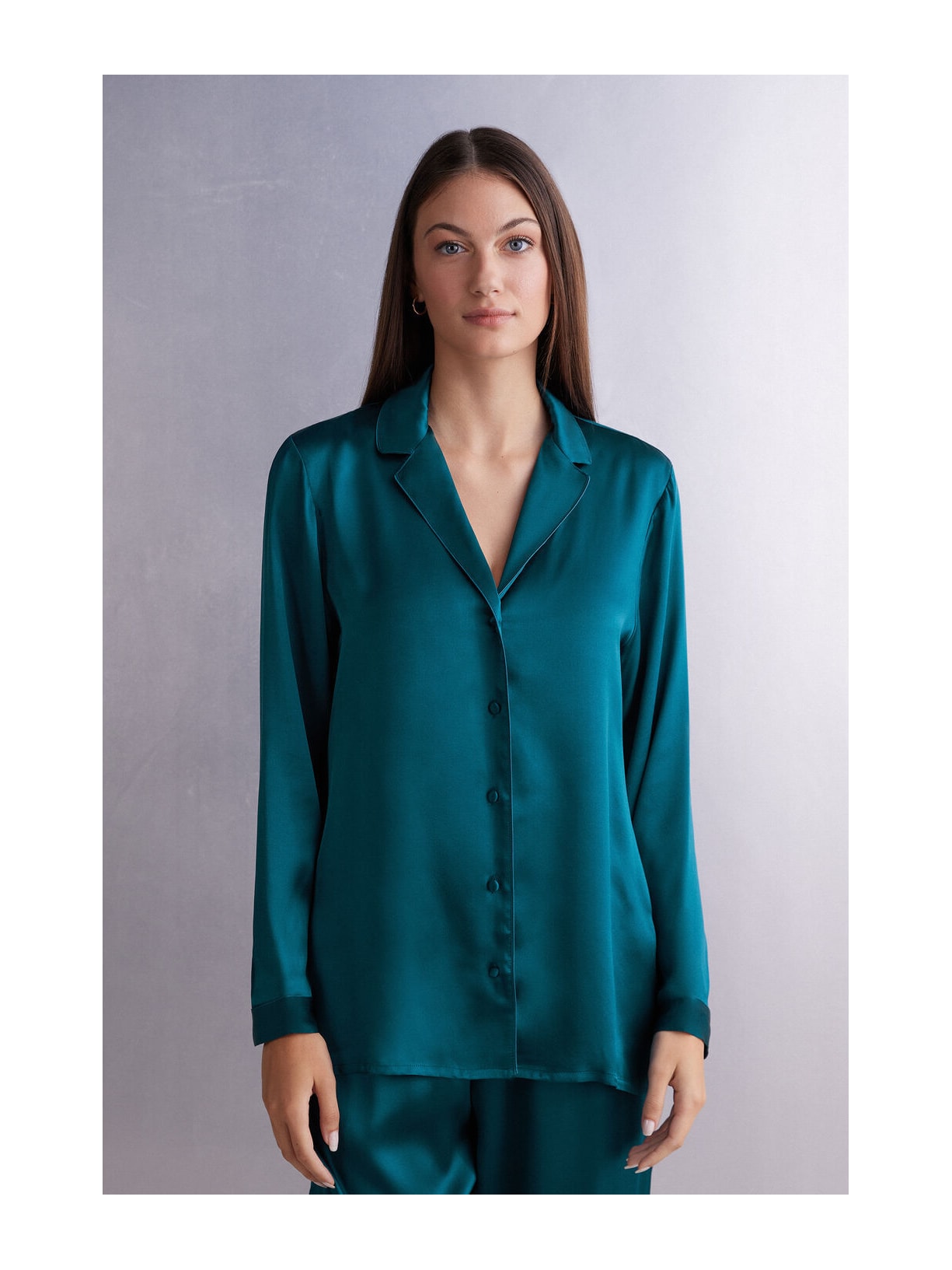 Camisa De Manga Comprida Em Cetim e Seda Azul Intimissimi