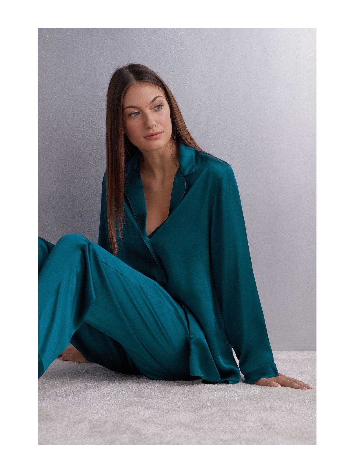 Camisa De Manga Comprida Em Cetim e Seda Azul Intimissimi