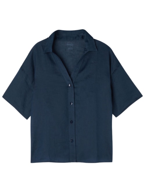 Camisa De Manga Curta Em Linho - Azul