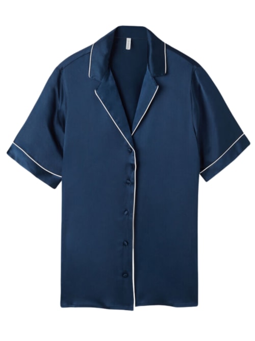 Camisa De Manga Curta Em Seda - Azul