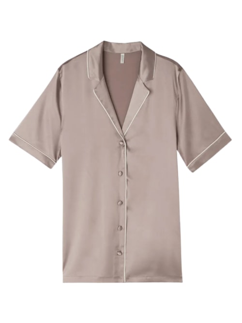 Camisa De Manga Curta Em Seda - Marrom