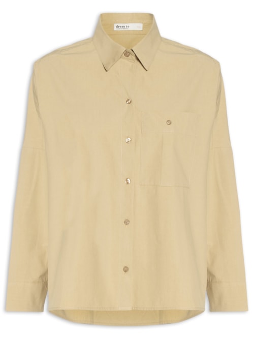Camisa Feminina Algodão Prega Bolso - Bege