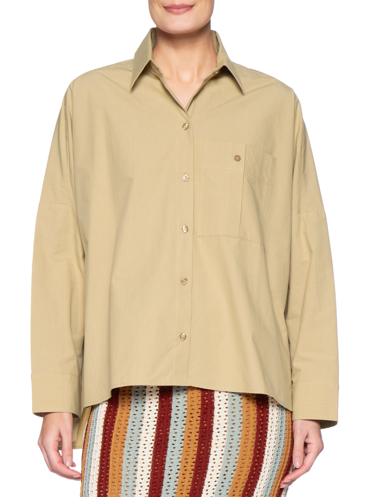 Camisa Feminina Algodão Prega Bolso Bege Dress To