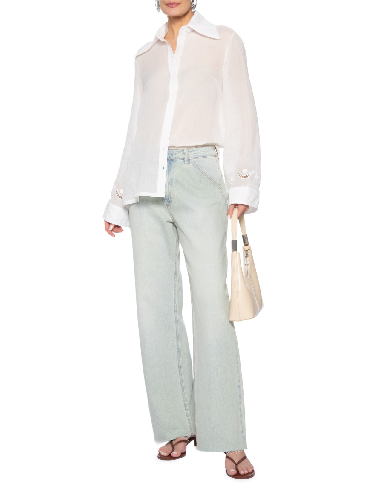 Camisa Feminina Alongada Manga Longa Com Bordado Off White Bo