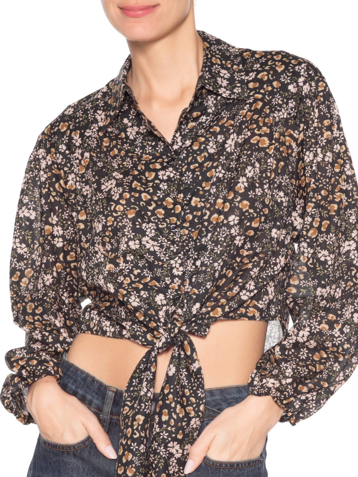 Camisa Feminina Amarração Liberty Onça Flor Preto Animale