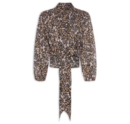 Camisa Feminina Amarração Liberty Onça Flor - Preto