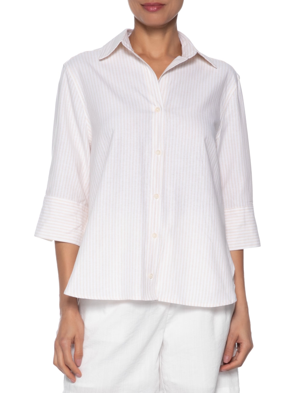 Camisa Feminina Ampla Listrada Bege Basiq