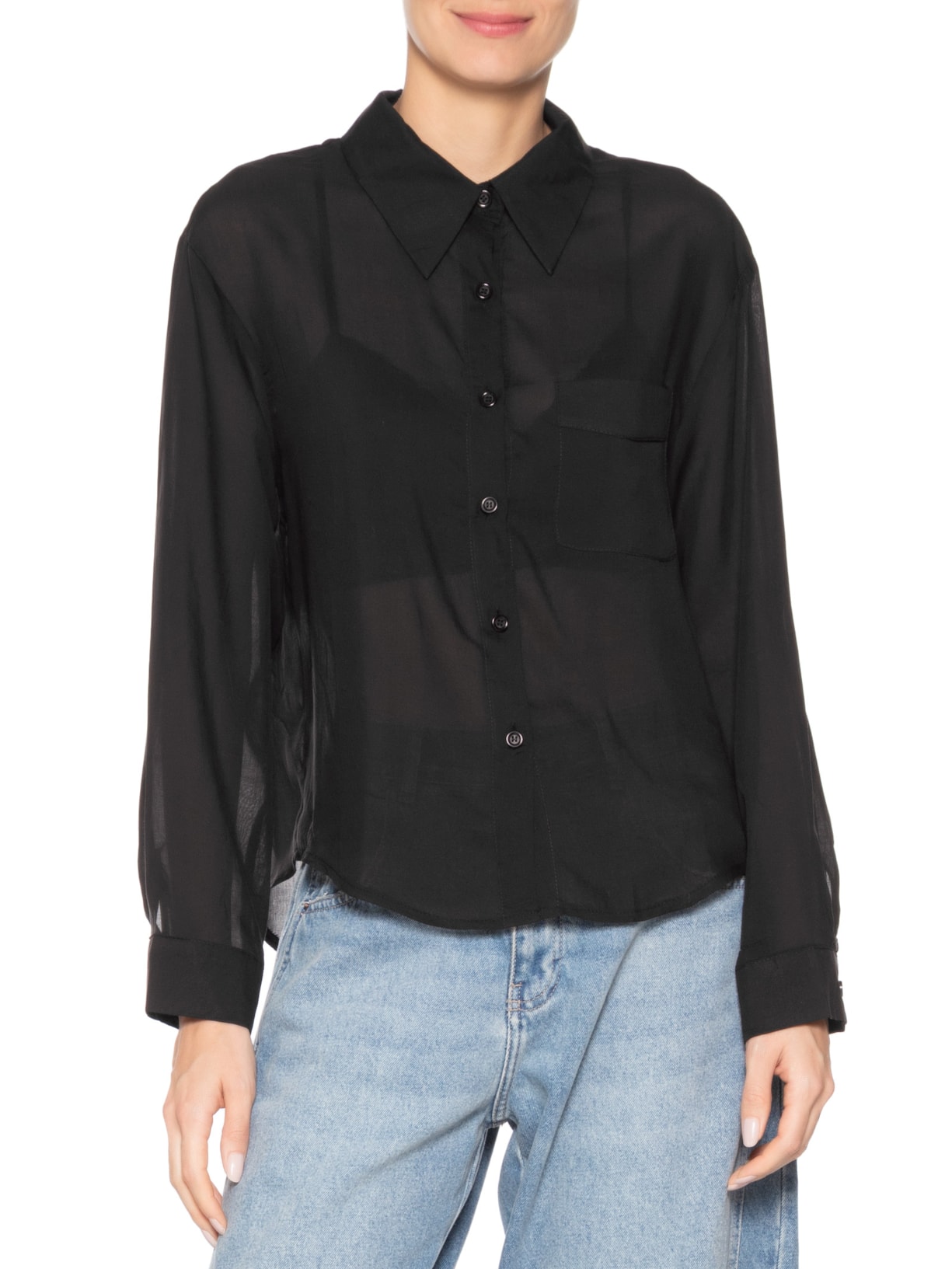 Camisa Feminina Básica Com Bolso Preto Basiq