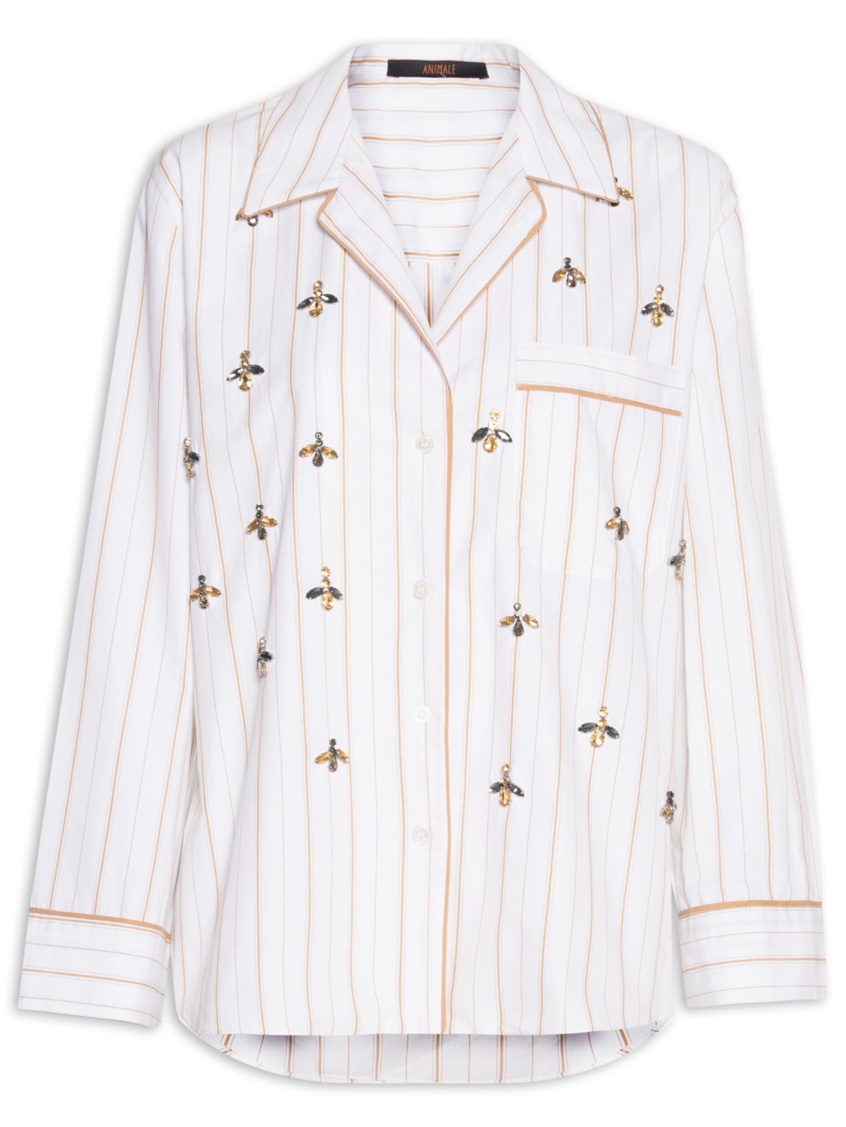 Camisa Feminina Bordada Listra Mostarda – Branco Animale