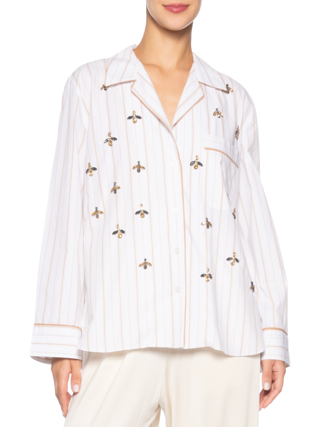 Camisa Feminina Bordada Listra Mostarda – Branco Animale