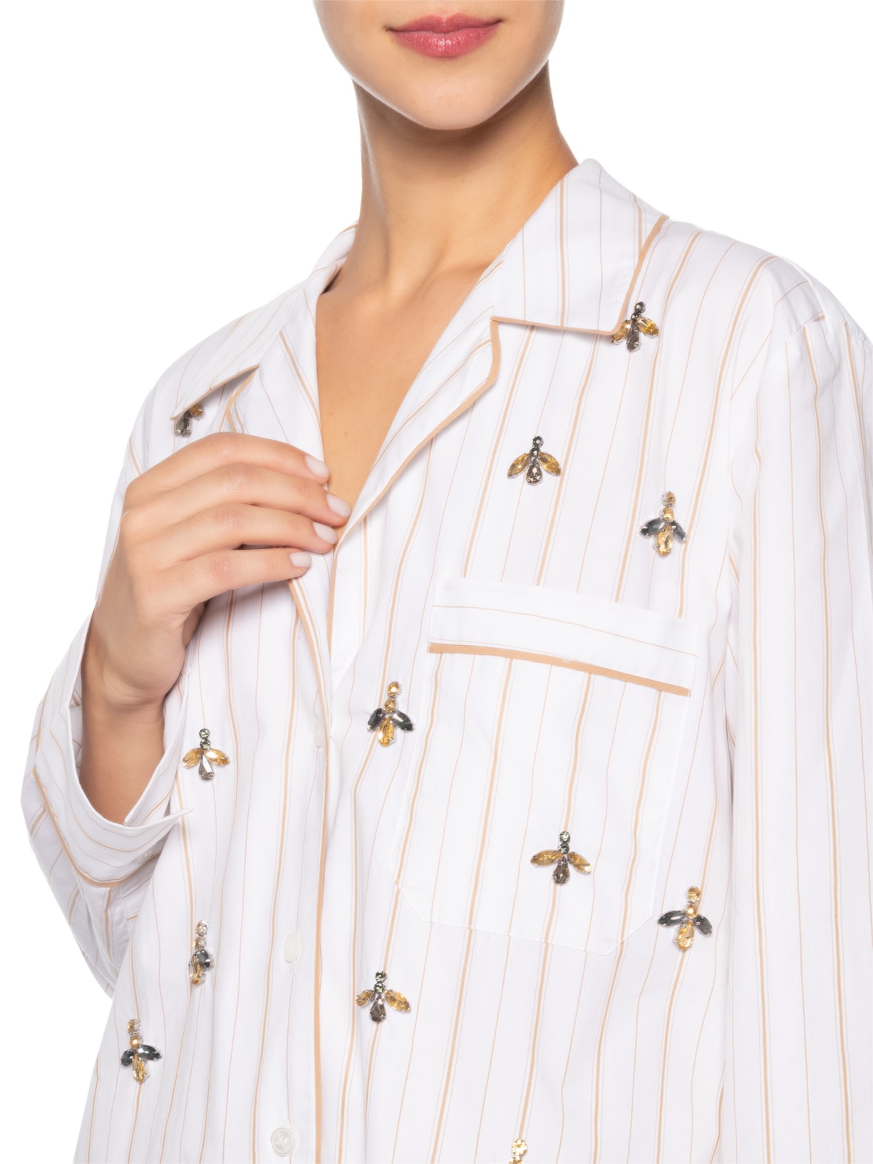 Camisa Feminina Bordada Listra Mostarda – Branco Animale