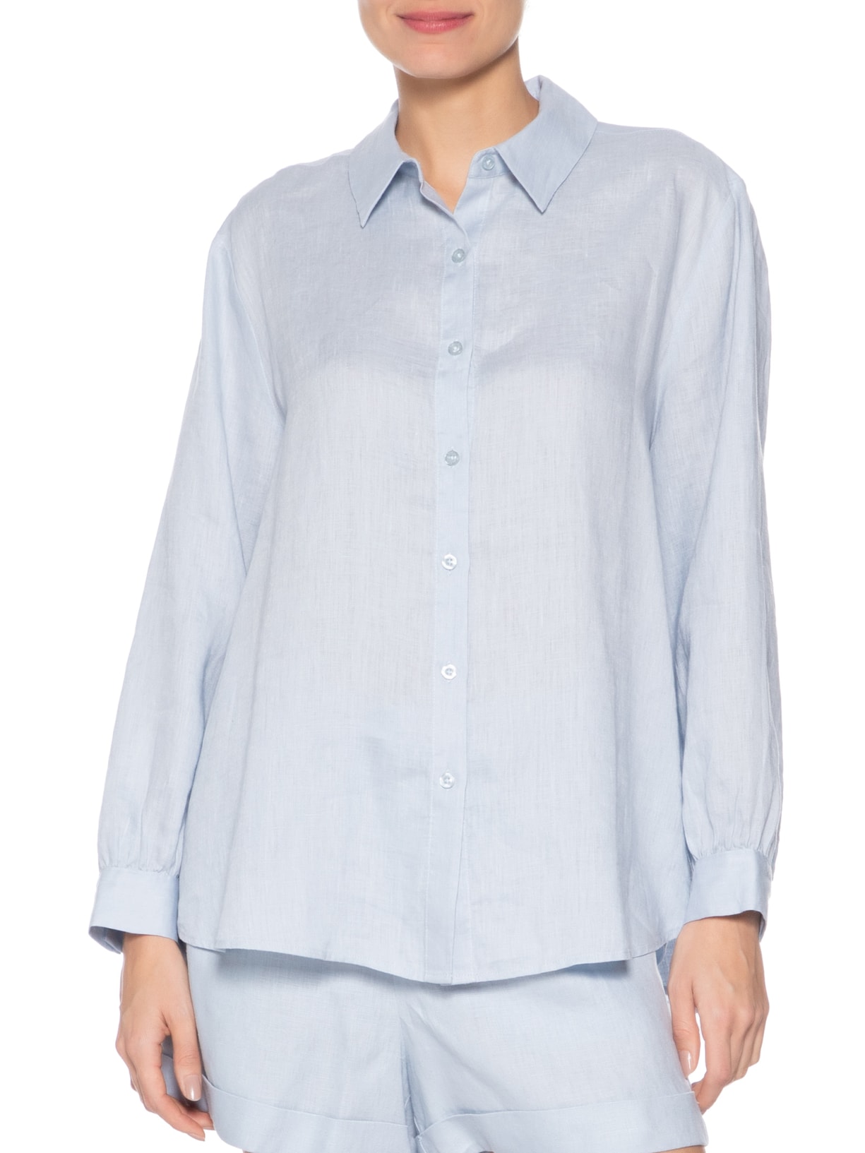 Camisa Feminina Botões Manga Longa Azul Maria Filó