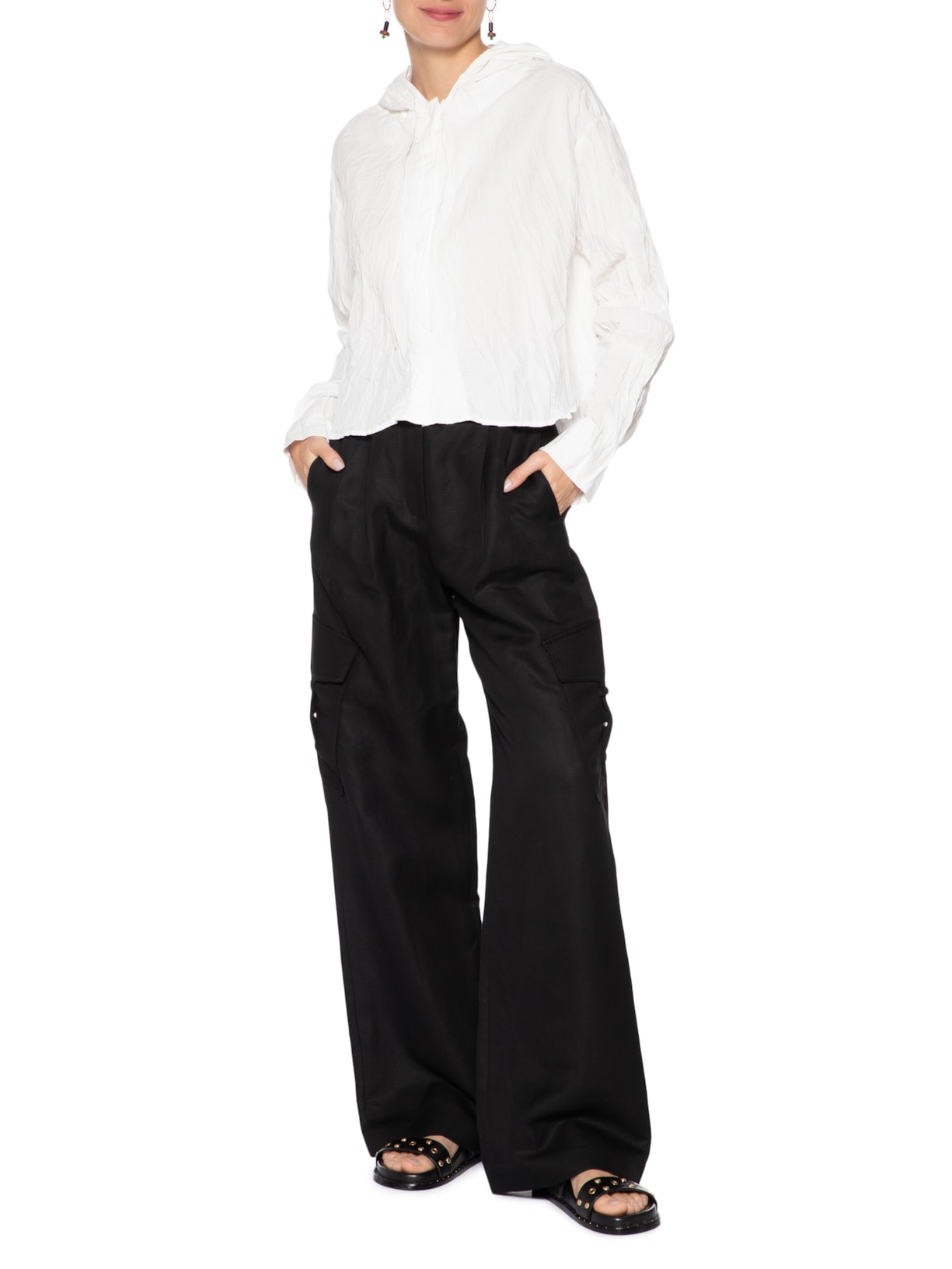 Camisa Feminina Capuz Cropped Wrinkle Tricoline Branco Osklen