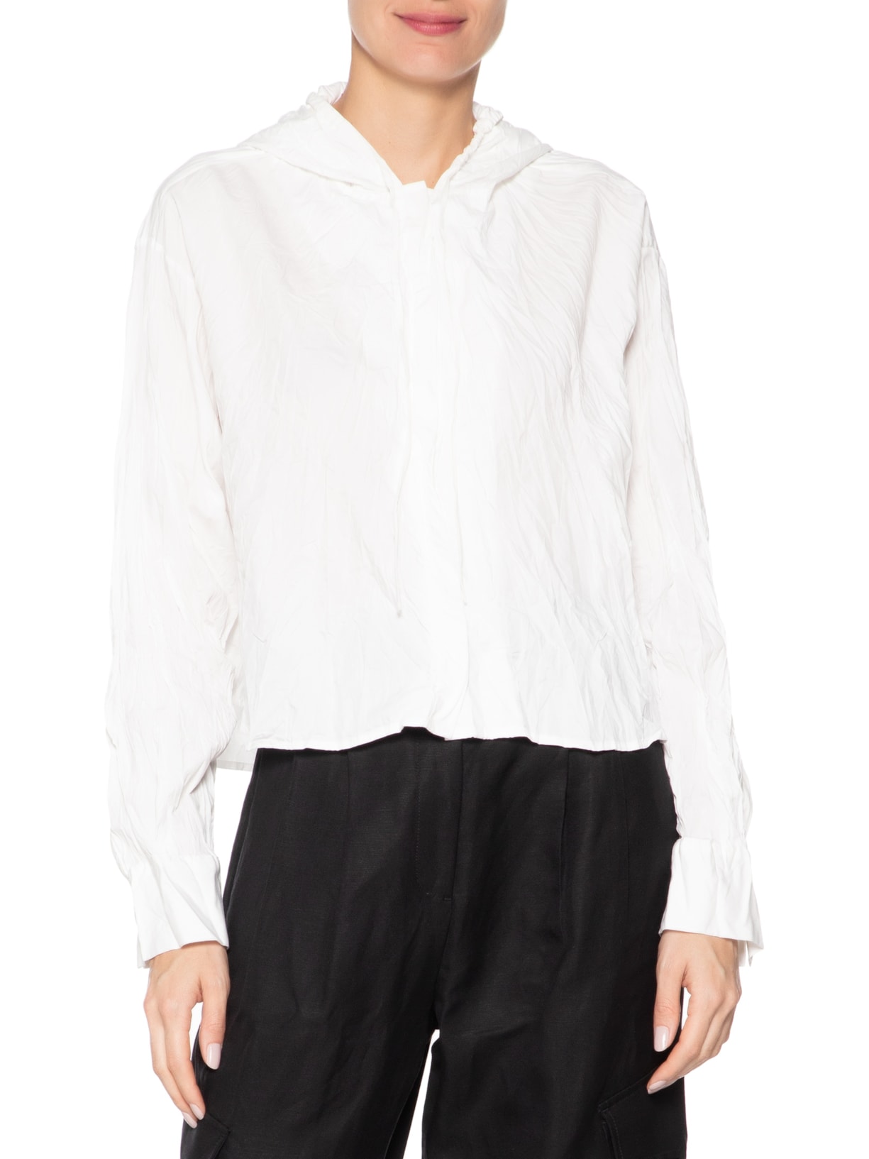 Camisa Feminina Capuz Cropped Wrinkle Tricoline Branco Osklen