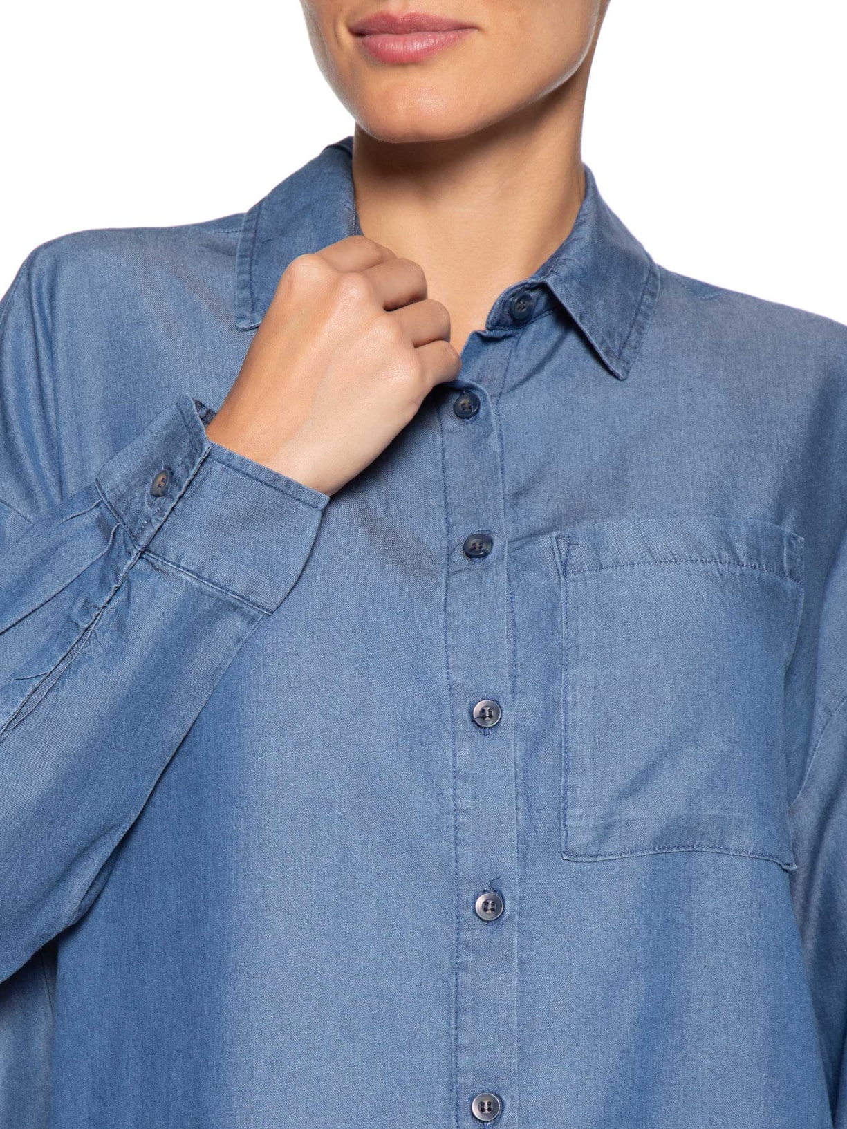 Camisa Feminina Casual Manga Longa Azul Basiq