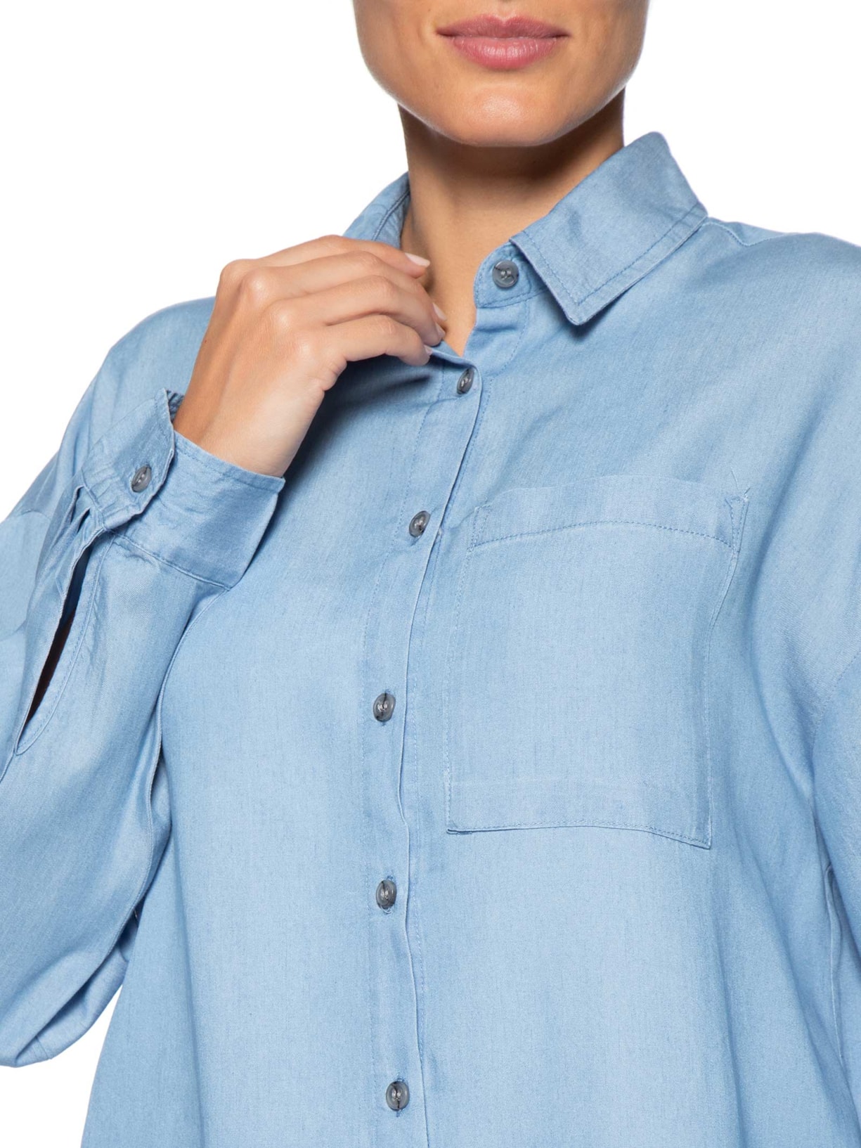 Camisa Feminina Casual Manga Longa Azul Basiq