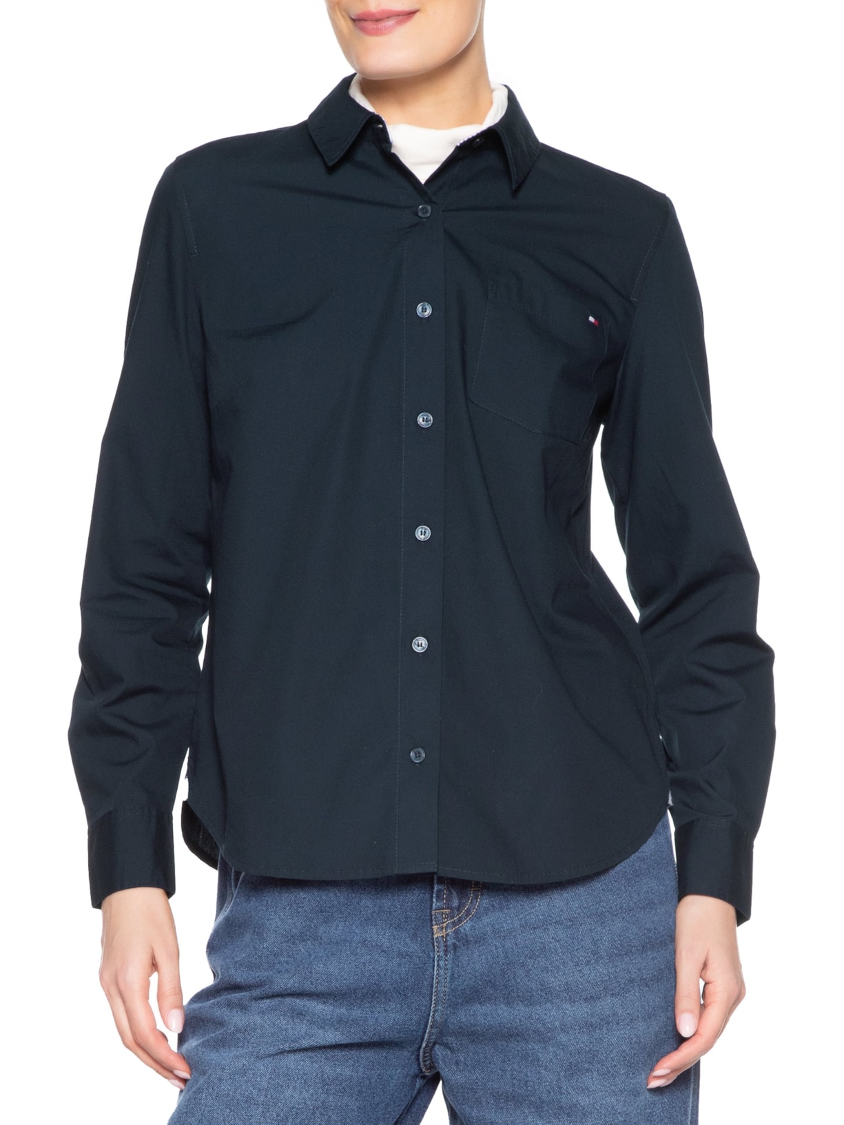 Camisa Feminina Classic Poplin Roll-Tab Azul Tommy Hilfiger