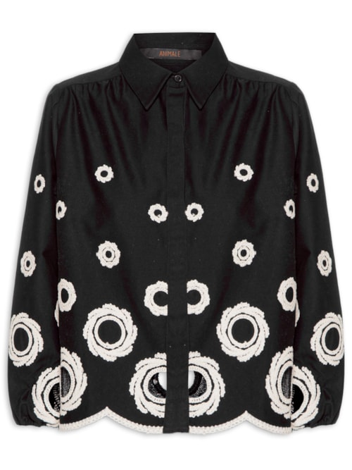 Camisa Feminina Com Bordado Na Barra - Preto