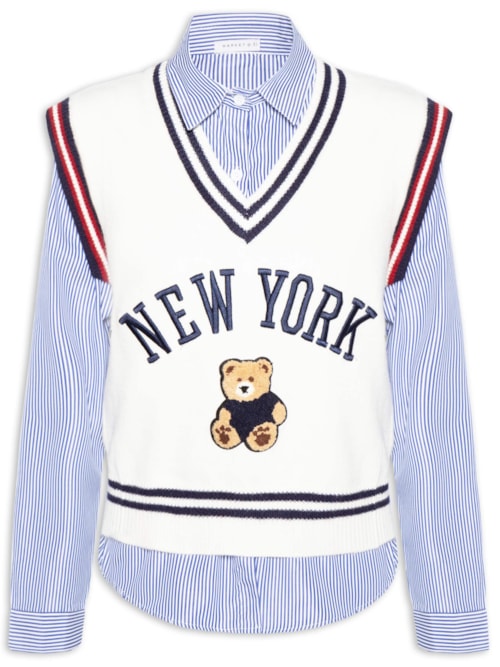 Camisa Feminina com Colete em Tricot – Azul