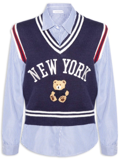 Camisa Feminina com Colete em Tricot – Azul