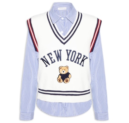 Camisa Feminina com Colete em Tricot – Azul