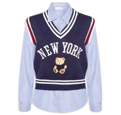 Camisa Feminina com Colete em Tricot – Azul