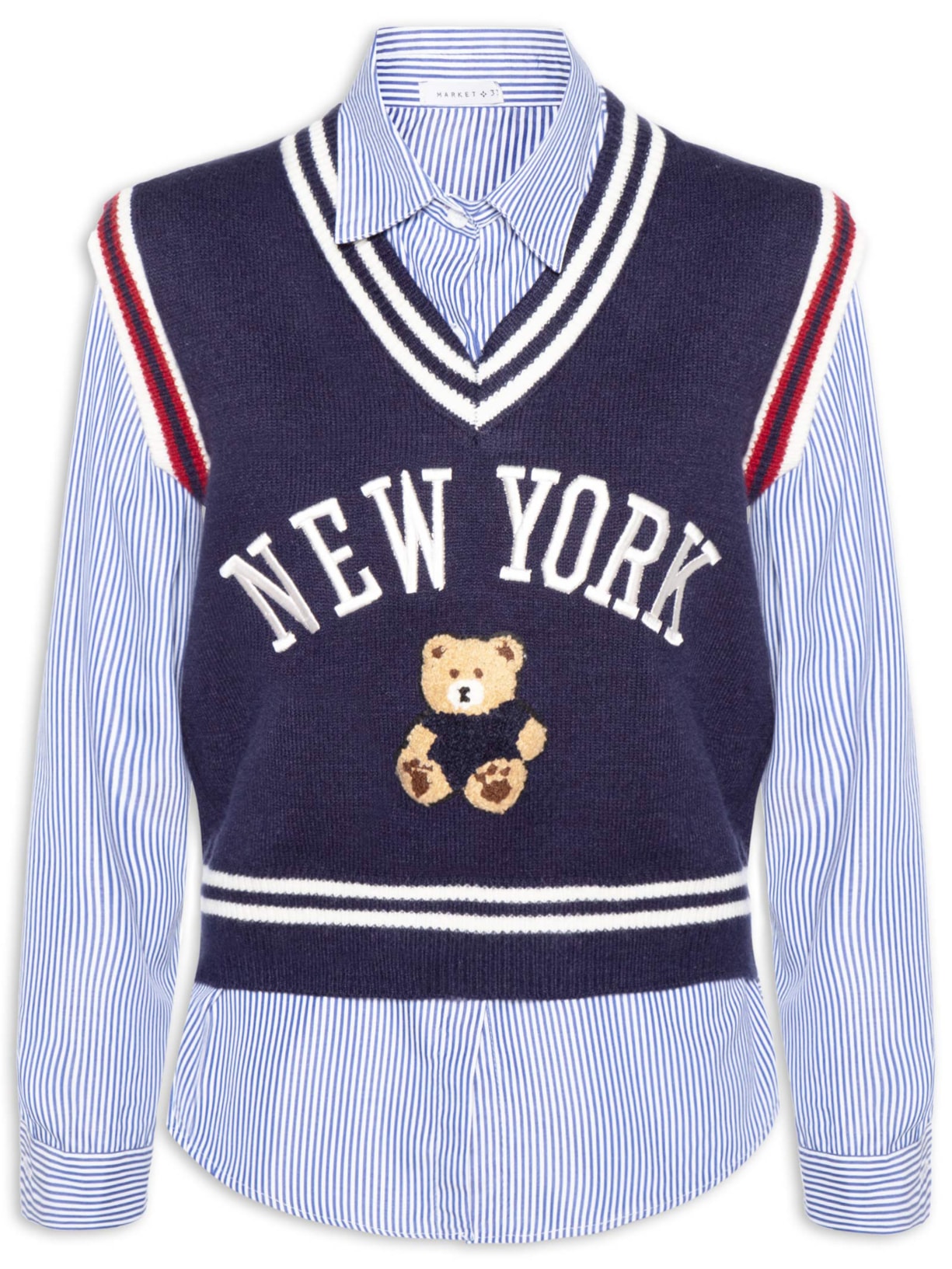 Camisa Feminina com Colete em Tricot – Azul