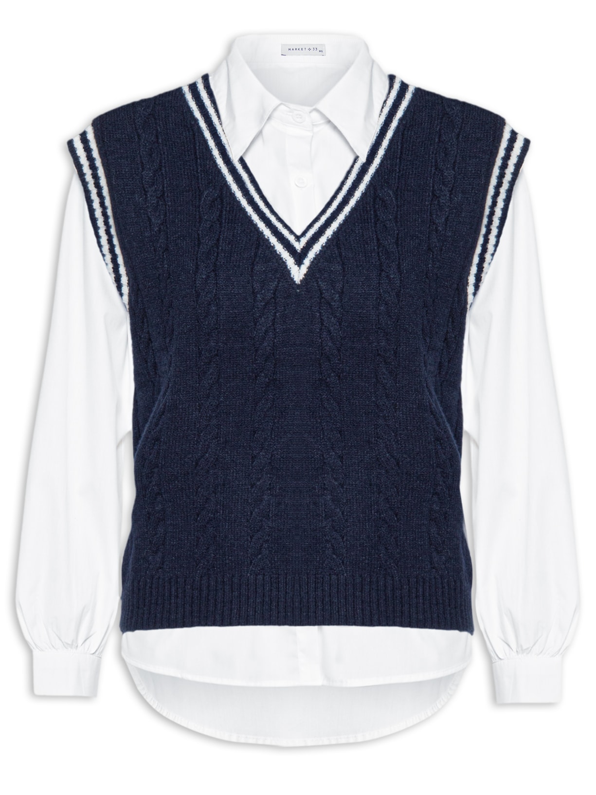 Camisa Feminina Com Colete Removível em Tricot - Azul