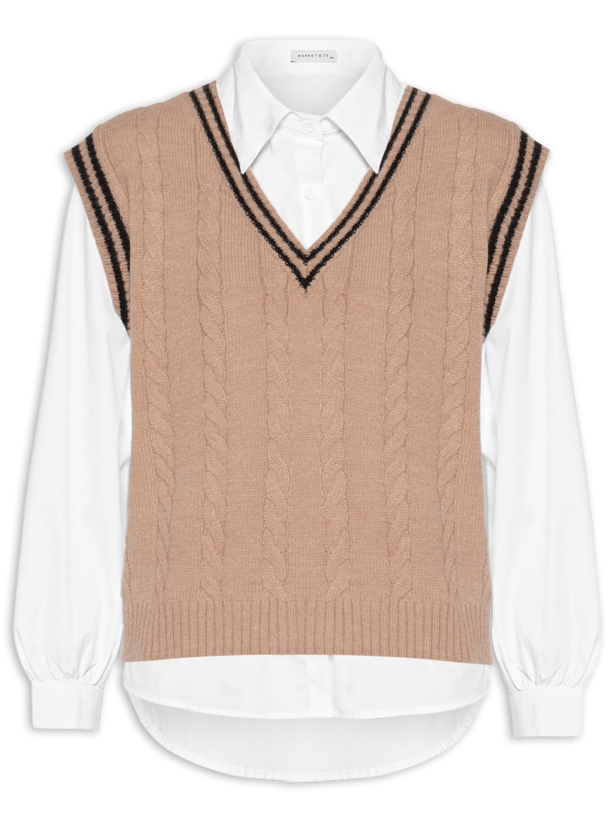 Camisa Feminina Com Colete Removível em Tricot - Bege