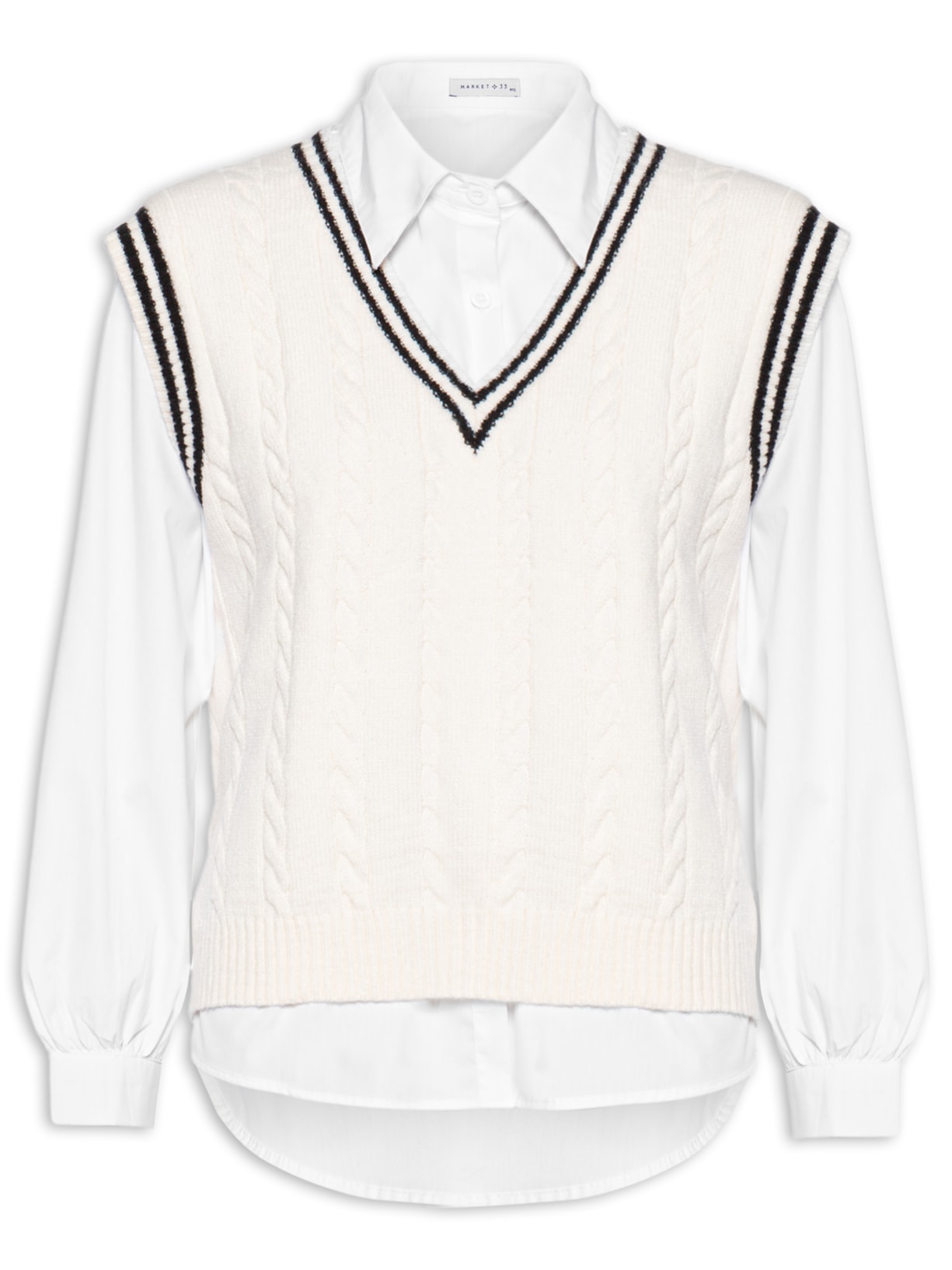 Camisa Feminina Com Colete Removível em Tricot - Off White
