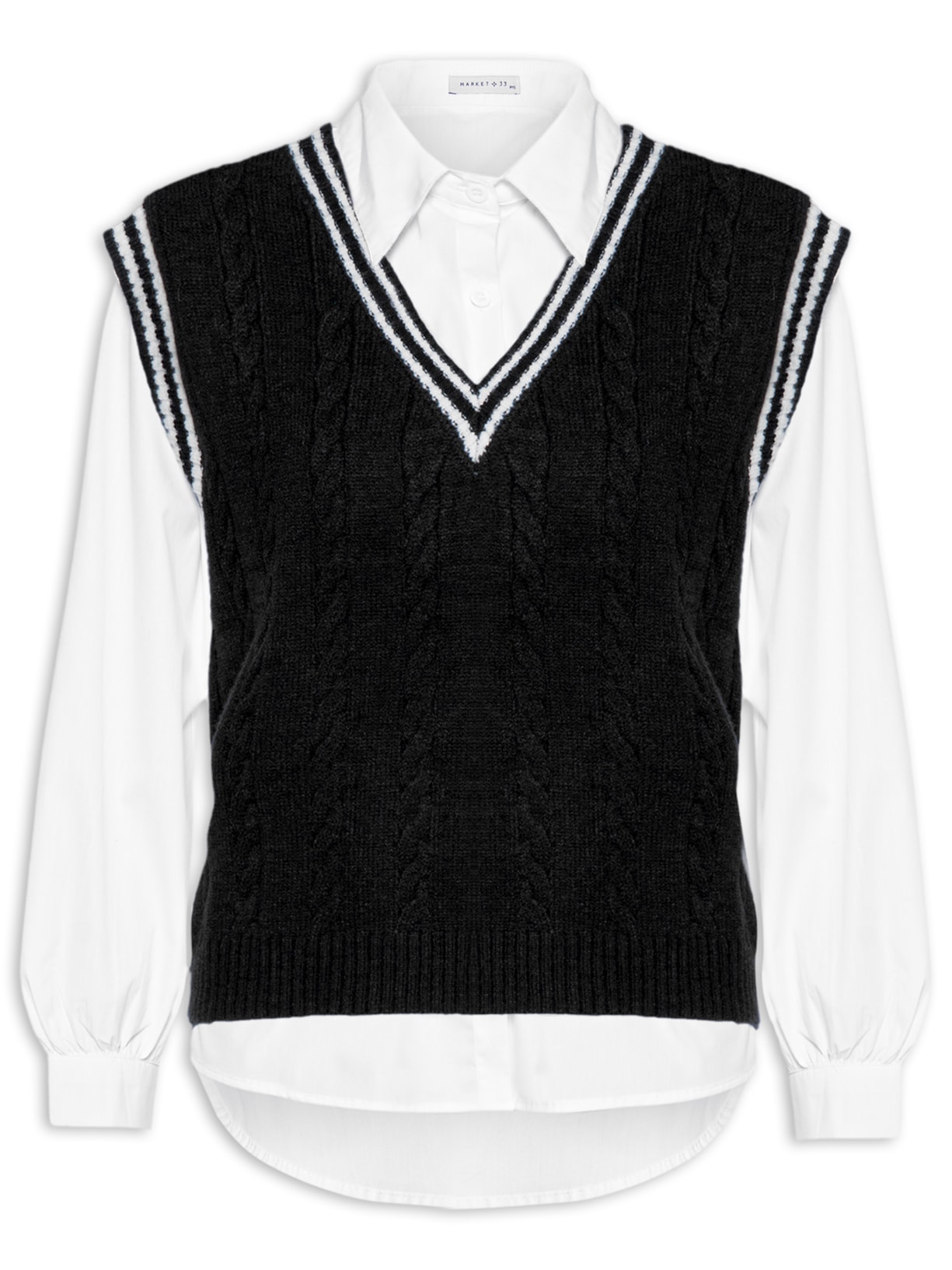 Camisa Feminina Com Colete Removível em Tricot - Preto