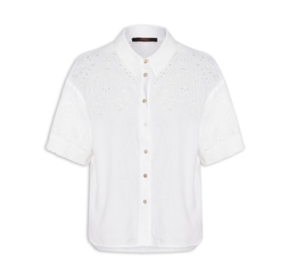 Camisa Feminina Com Linho Manga Curta Bordada - Branco