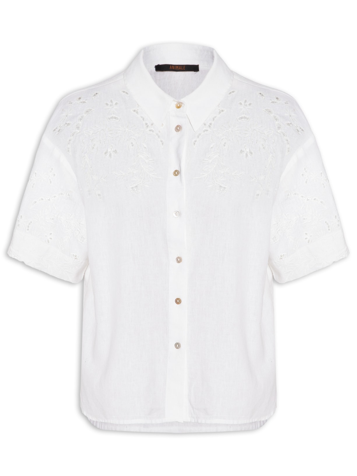 Camisa Feminina Com Linho Manga Curta Bordada - Branco