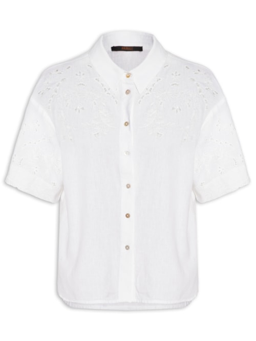 Camisa Feminina Com Linho Manga Curta Bordada - Branco