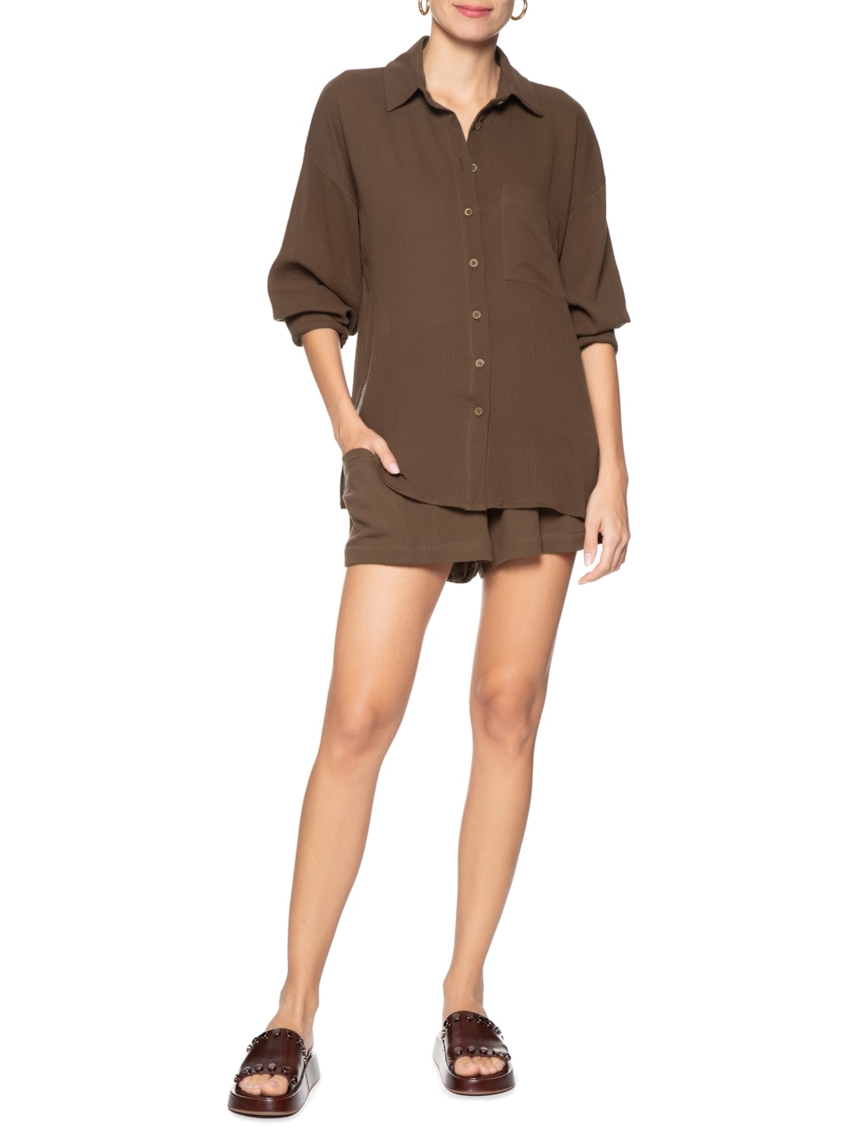 Camisa Feminina Com Manga Franzida Marrom  Basiq