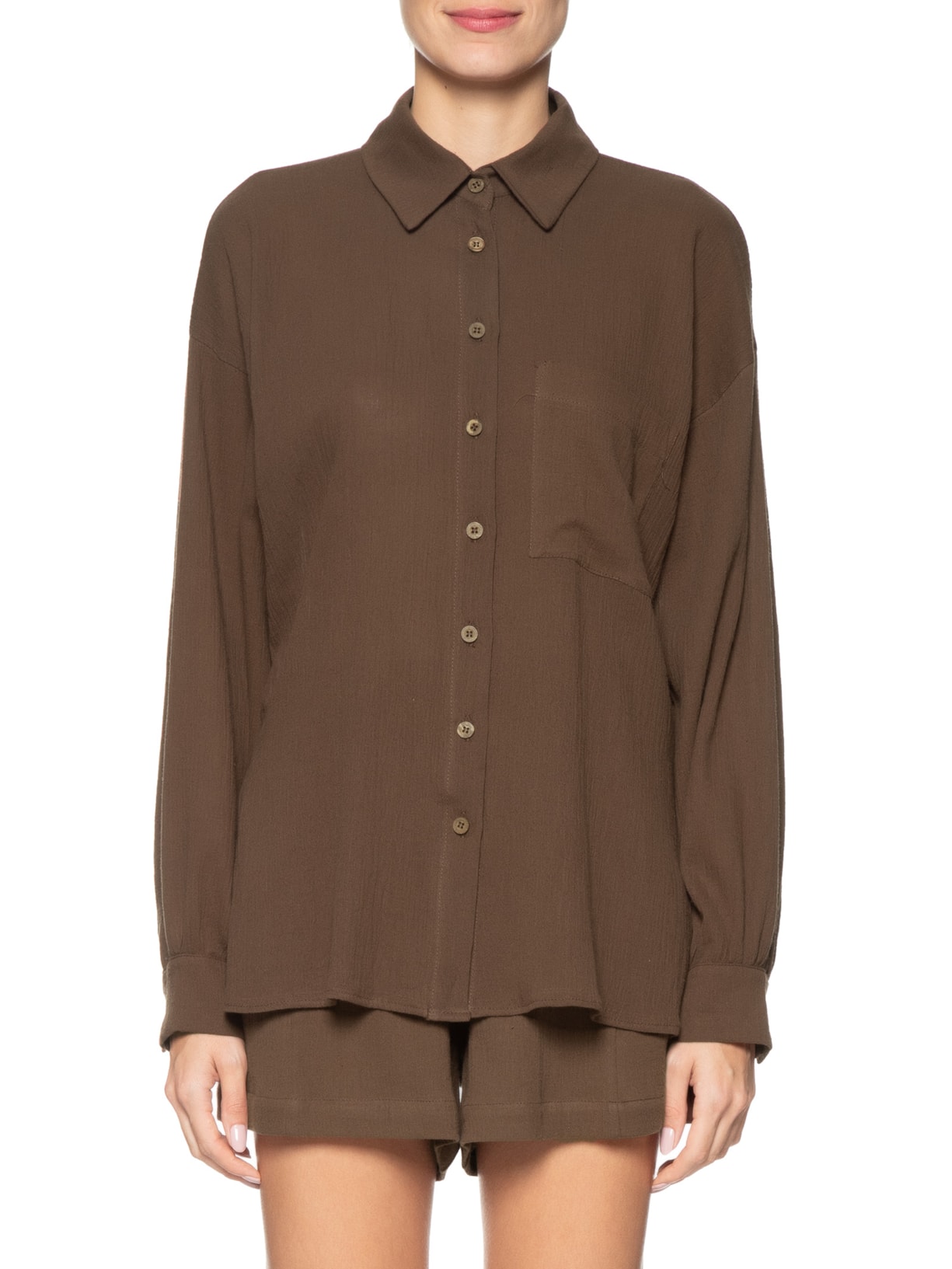 Camisa Feminina Com Manga Franzida Marrom  Basiq