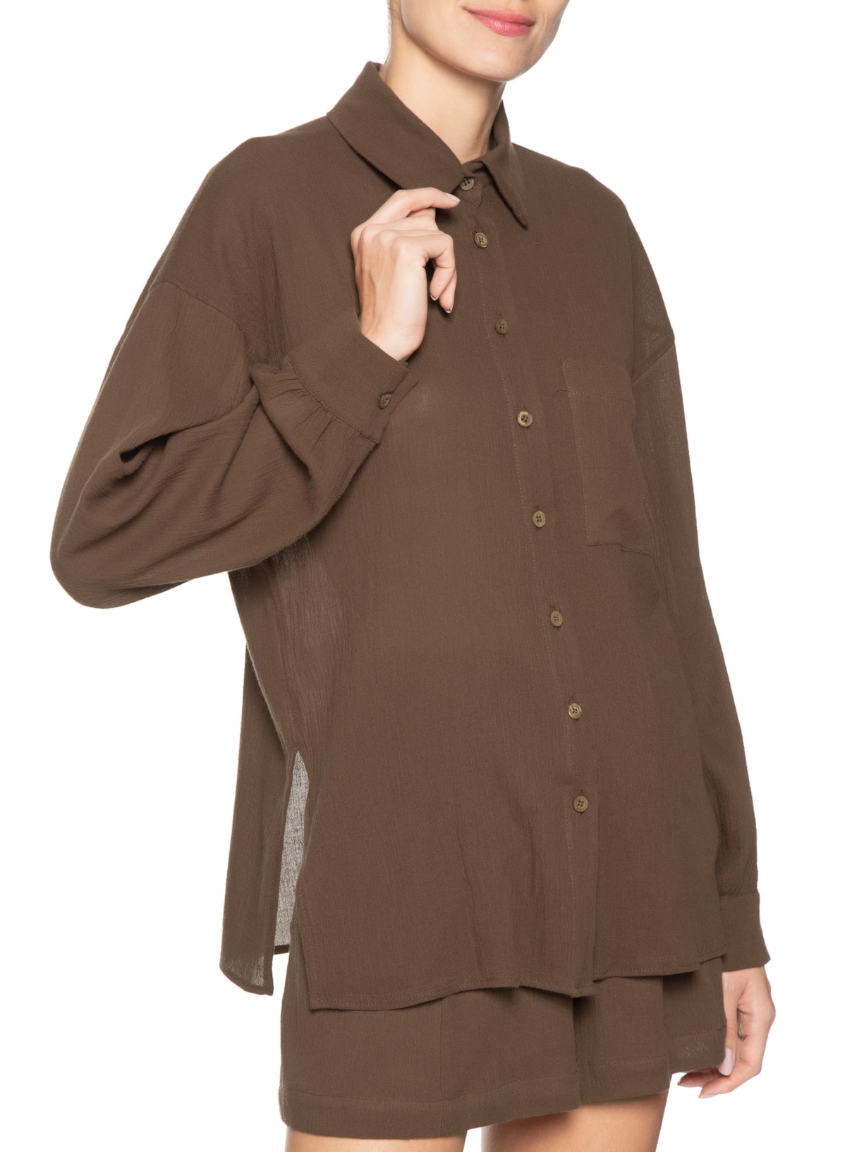 Camisa Feminina Com Manga Franzida Marrom  Basiq