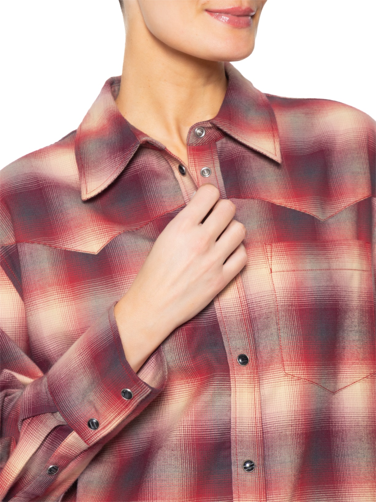 Camisa Feminina Cotton Flannel Check Pleated Sleeve – Vermelho Ganni