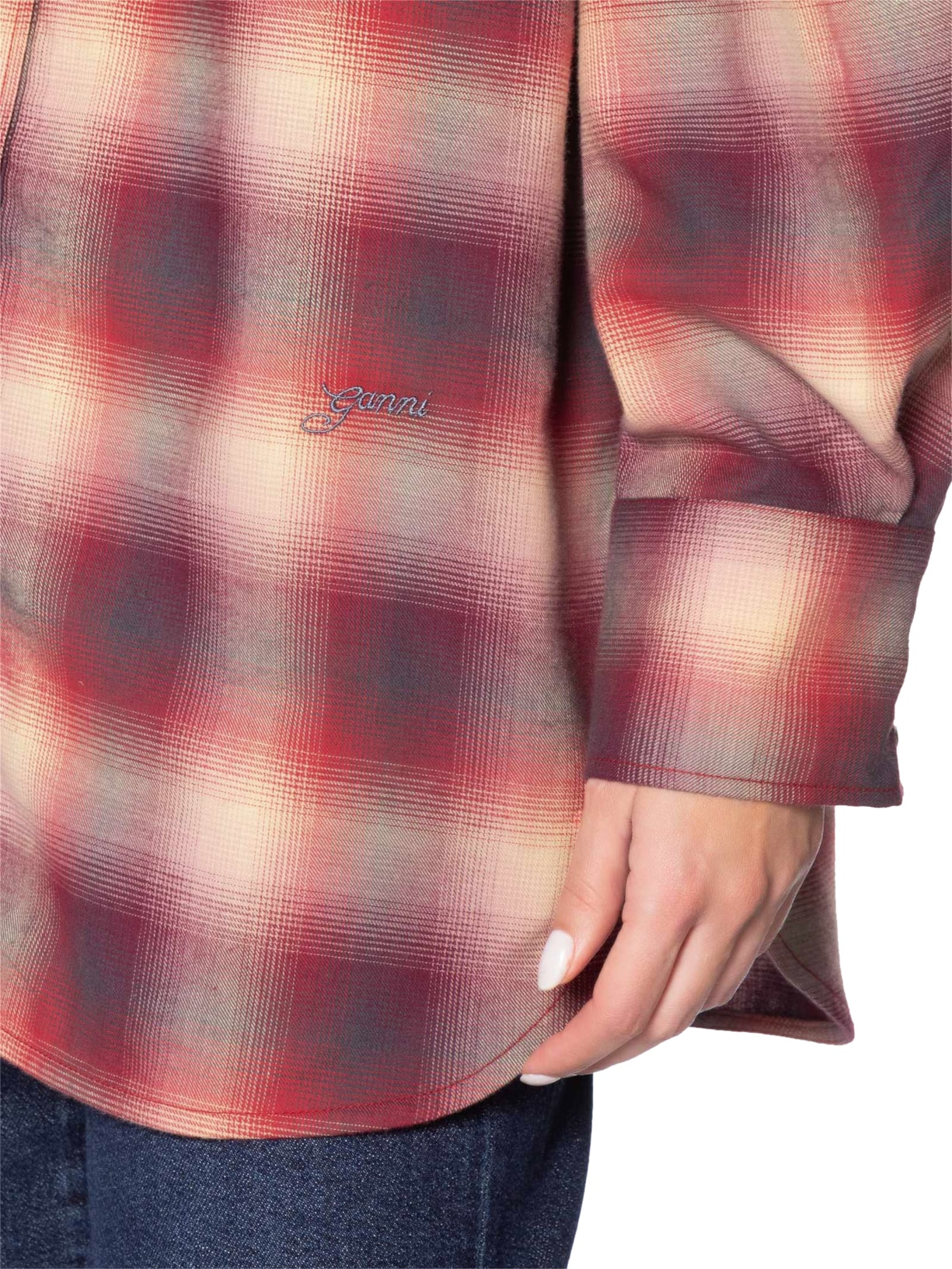 Camisa Feminina Cotton Flannel Check Pleated Sleeve – Vermelho Ganni