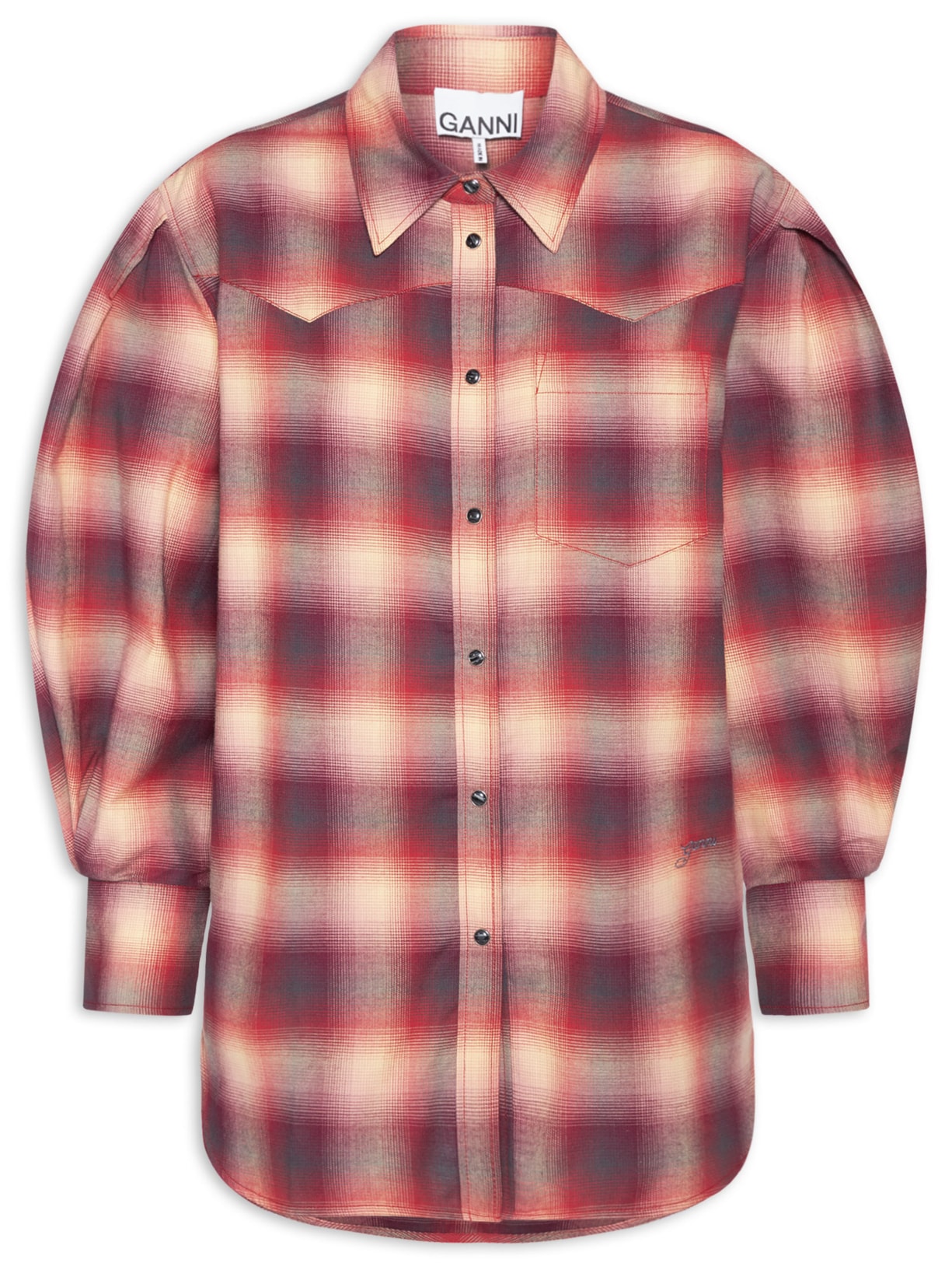 Camisa Feminina Cotton Flannel Check Pleated Sleeve – Vermelho Ganni