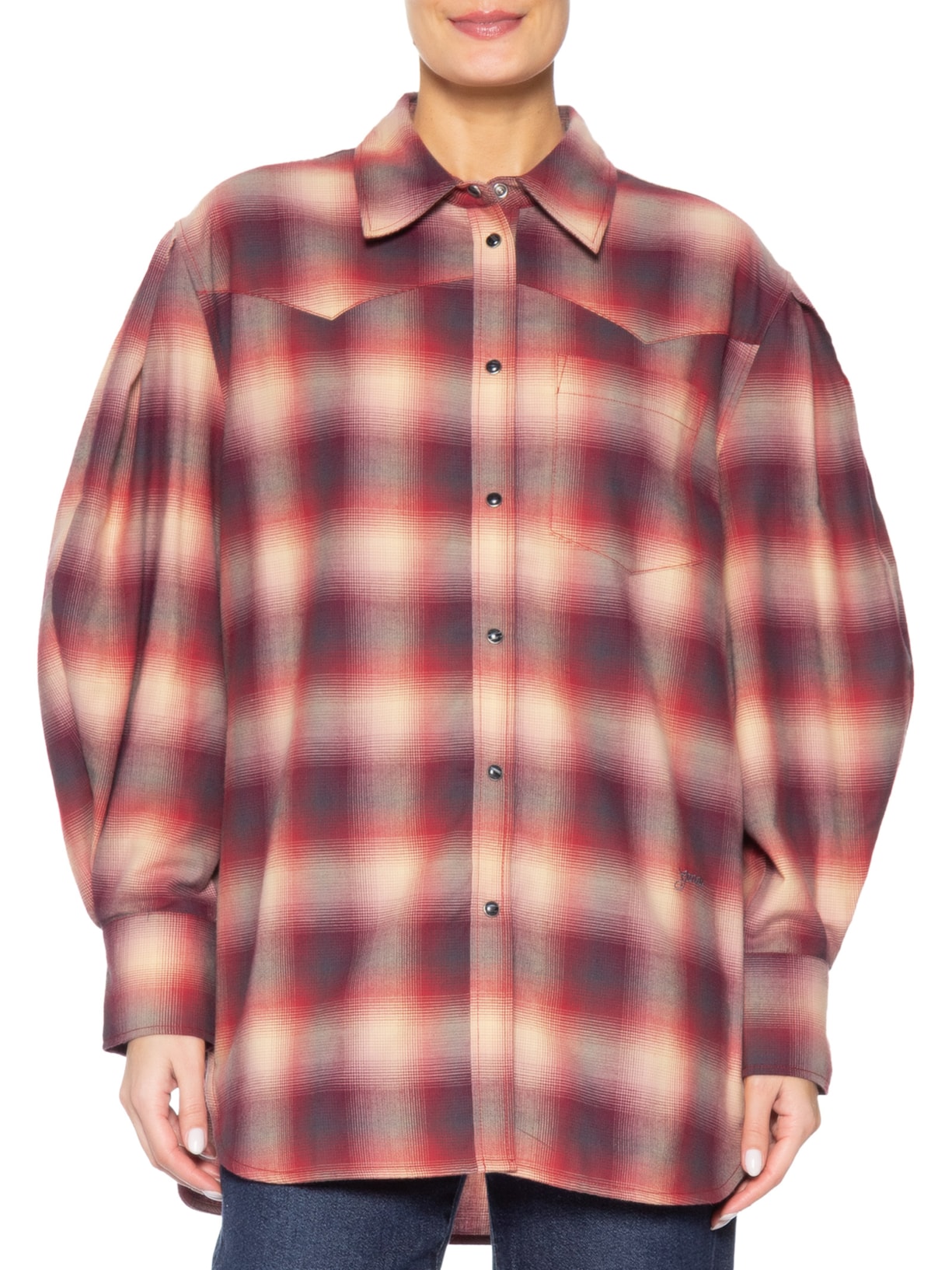 Camisa Feminina Cotton Flannel Check Pleated Sleeve – Vermelho Ganni